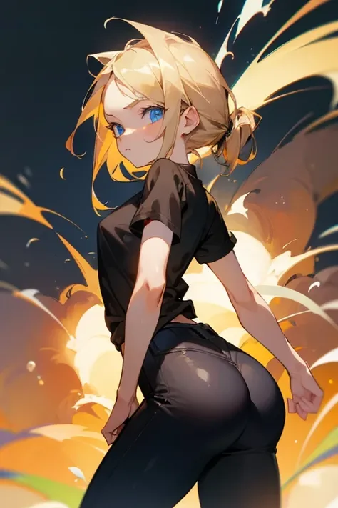 (Masterpiece), Best quality, Expressive eyes, Perfect face, Blonde hair with brown highlights, Explosions, Blue eyes, 13 year old girl , Female, Short black t-shirt,, British, her ass is showing