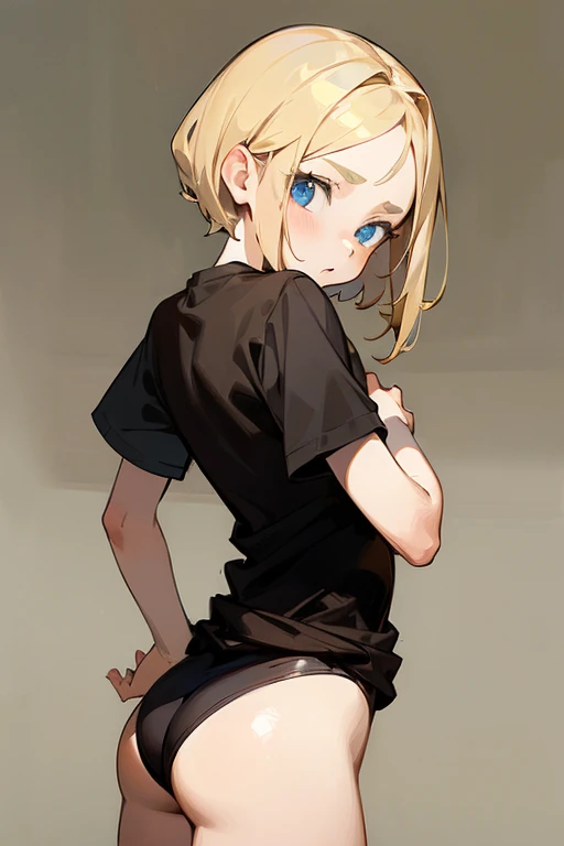 (Masterpiece), Best quality, Expressive eyes, Perfect face, Blonde hair with brown highlights, , Blue eyes, 13 year old girl , Female, Short stature , Short black t-shirt,, British, her ass is showing