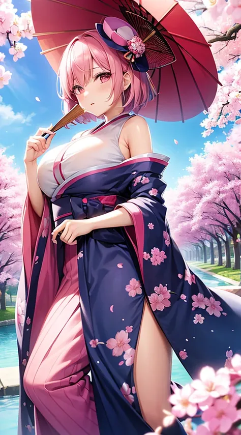 pink hair、bob cut、A little quirky hair、red eyes、blue kimono、a beautiful woman with big breasts、blue frilly hat、cherry blossom pattern、Have a fan、white tabi socks、The background is fantastic night cherry blossoms、｛highest quality｝