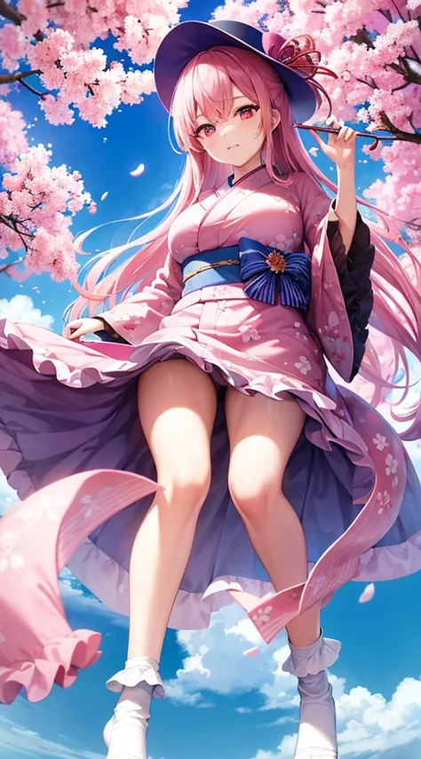 pink hair、Habitual hair、red eyes、blue kimono、a beautiful woman with big breasts、blue frilly hat、cherry blossom pattern、Have a fan、white tabi socks、The background is fantastic night cherry blossoms、((highest quality、Sharp image))