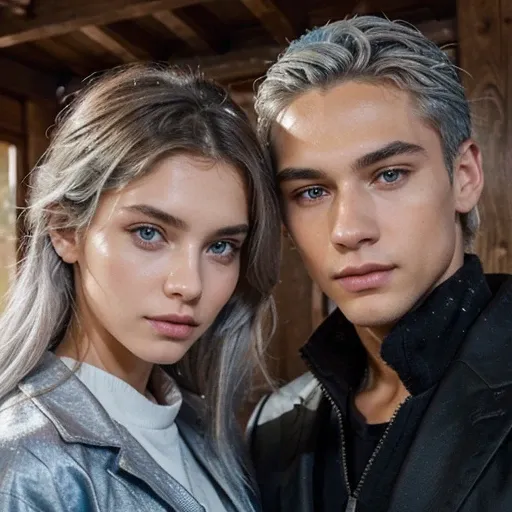 20-year-old model boy with silver hair and marked features, varonil, Intense blue eyes accompanied by his twin sister, very similar to him but with more feminine features. , They both exude an aura of asking and confidence in themselves, perfect and beauti...