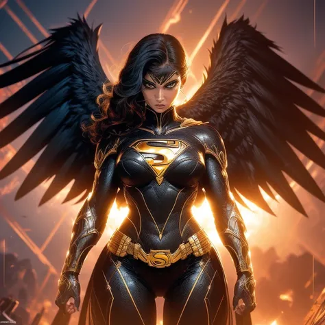 (1girl), (iconic hawkgirl), in focus, photograph, (stylized, comic-book realism), (full body shot), wings spread wide, chest are...