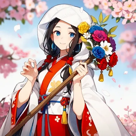 Anime girl in kimono with stick and flowers, Onmyoji portrait, onmyoji, Onmyoji detailed art, official artwork, official art, palace ， girl wearing hanfu, mitsumayo, Ayaka Genshin impact, high detailed official artwork, hungry ghost festival, feudal japane...