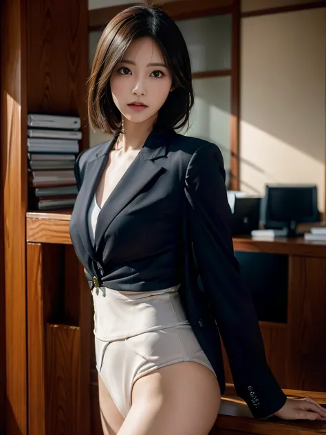 office of、Portrait of a woman in a business suit, highest quality、hyper hd、Yoshitomo Nara, japanese model, beautiful japanese girl, with short hair, 27 years old女性モデル, 4k ], 4K], 27 years old, sakimichan, sakimichan