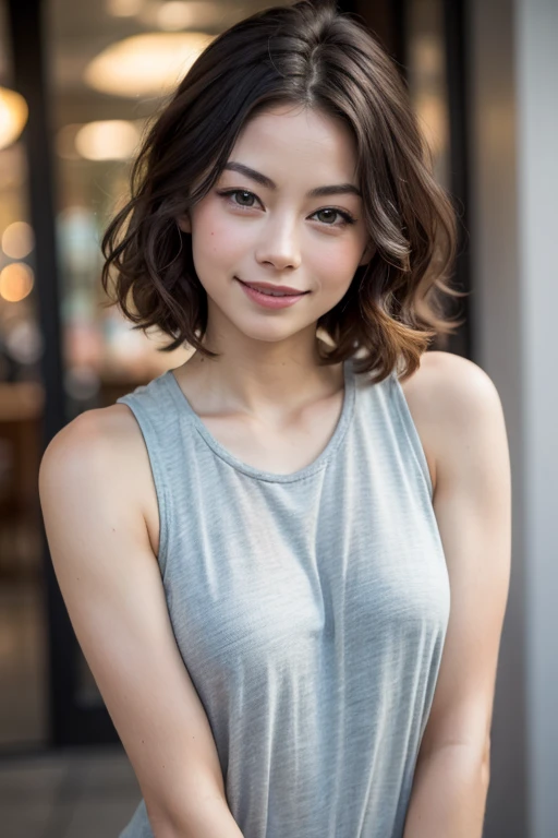 studio light, depth of field, upper body, slender, athletic build, visible arm veins, cute face, smile, beautiful details eyes, 19yo Kristin Kreuk, pretty, Voluminous curls with warm blonde color, Plaza, casual