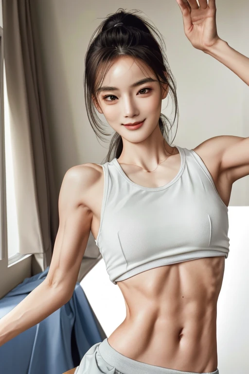 masterpiece,best quality,photorealistic,8K,RAW photo,ultra highres,extremely detailed eyes and face,extremely detailed,absurdres,Professional,1girl,slender,skinny,small breasts,black gym uniform,sportswear,looking at viewer,light smile,chenny,(abs:1.1),