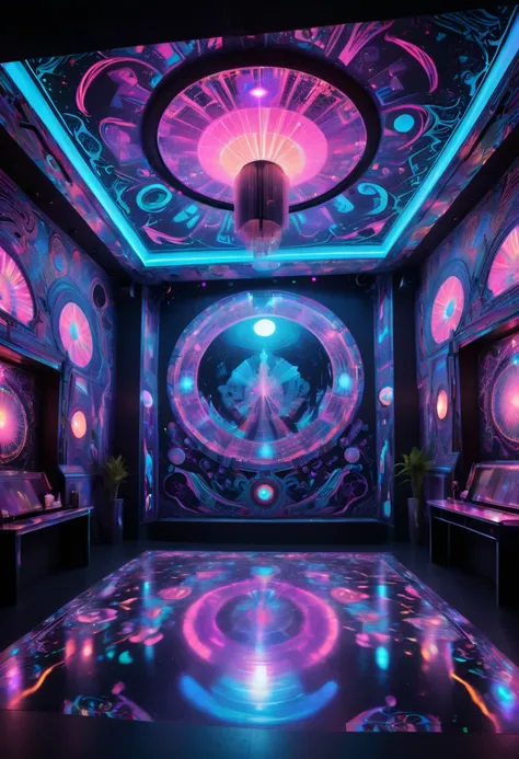 blacklight art, Underground ballroom, disco, enhance, intricate, (best quality, masterpiece, Representative work, official art, Professional, 8k)