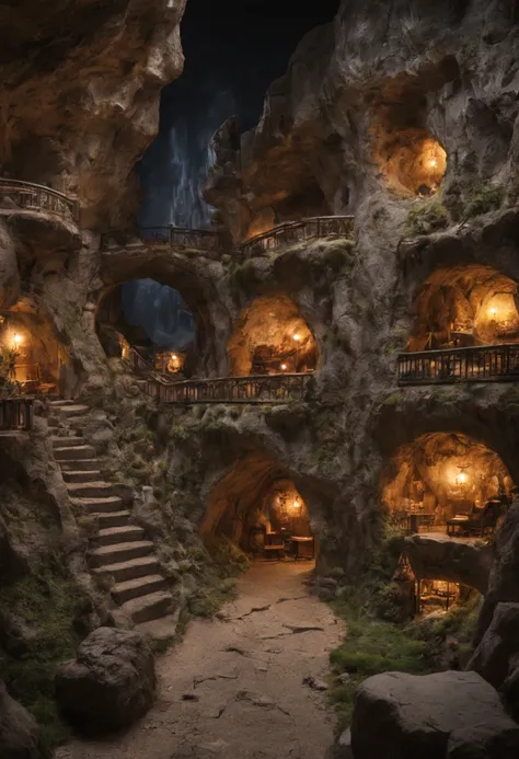 Underground cavern with a bustling miniature city inside with cozy lights and warm friendly feeling