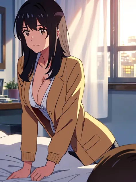 shinkai makoto, kimi no na wa., 1boy, buzzcut,office suit, boy caressing girls body, boy is hugging from behind, ear biting 1girl, bangs, black hair, brown eyes, Twisted Half Up, red ribbon, long hair, long sleeve light pink cardigan, open shirt, yellow sh...