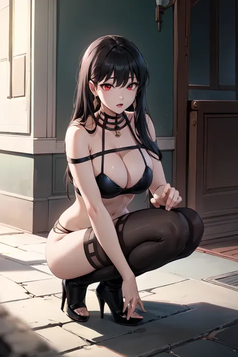 (best quality,Unparalleled masterpiece:1.4)，yor,Ultra-detailed CG 4K,black hair，red eyes，High heel，thong， Black loose bikini，huge，rendering，huge，squat on the ground