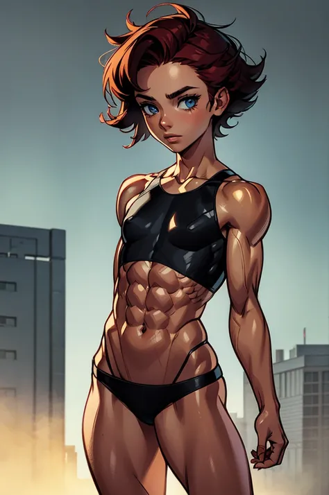 (masterpiece, high quality), 1girl, Caucasian, tomboy, , short red hair, blue eyes, 14-years-old, walking in a city street, (black panties), white crop top, strong arms, muscular thighs, ripped muscles, six pack abs, muscle arms, muscular, flat chest, hype...