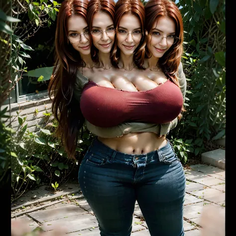 Masterpiece, best quality, 1girl, solo, 23 years old, adult,  bright red hair, messy hair, asymmetrical hair, ahoge, long hair, aqua eyes, huge round breasts covered by shirt,  toned, 167cm, pale skin, glasses, grin, olive green shirt covering body, jeans,...