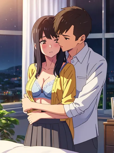 shinkai makoto, kimi no na wa., 1boy, buzzcut,office suit, boy caressing girls body, kiss cheeks, passionate hug, boy is hugging from behind, breast groping from behind, 1girl, bangs, black hair, brown eyes, parted lips, Twisted Half Up, red ribbon, long h...