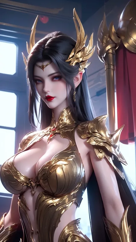 UPPER BODY,CLOSE UP HALF BODY,SOLO,(BEAUTY BLACK HAIRSTYLE,PHOENIX GOLD HELM), (GIGANTIC FAKE BREAST,CLEAVAGE,MUSCLE ABS:1.5), (WEARING RED AND WHITE MODERN FUTURISTIC MECHA ARMORED SET:1.5),(NSFW SLENDER BODY MATURE WOMAN:1.5), (SWEATY GLOSSY BODY:1.5), (...