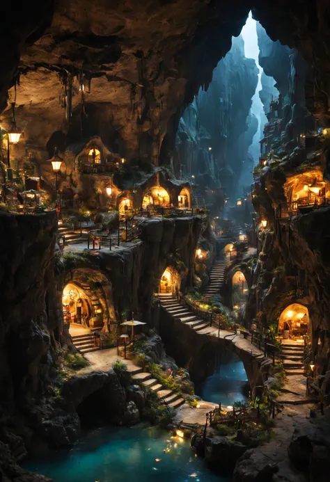 Underground cavern with a bustling miniature city inside with cozy lights and warm friendly feeling