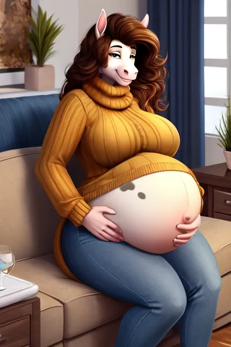 Anthropomorphic horse, pregnant, huge belly, big breasts, wide hips, big butt, bushy tail, huge mane, brown coat, white spots, sweater, mom jeans, living room, hands on belly, smiling, relaxing
