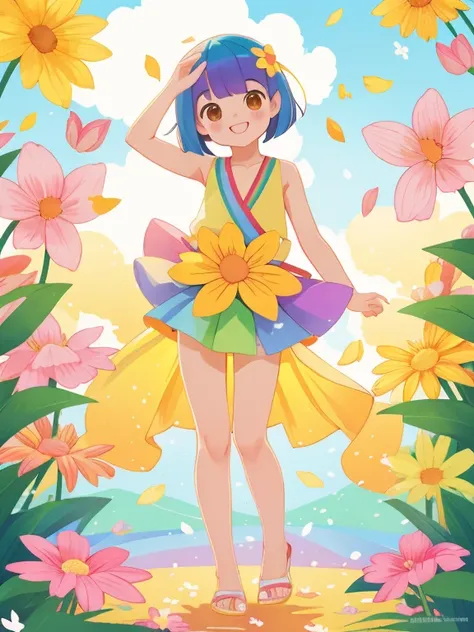 Stand in front of the photo、1girl in,Full body, a short bob、Sleeveless、rainbow color Hair,Colorful flip flops,A slight smil、kawaii pose、naked, nude, flat chest、up of face、Eye Up、there are flowers even in front of you、flower petals、season!!: 夏天☀ 🍂