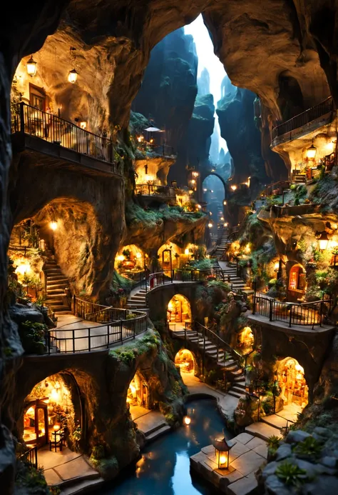 Underground cavern with a bustling miniature city inside with cozy lights and warm friendly feeling