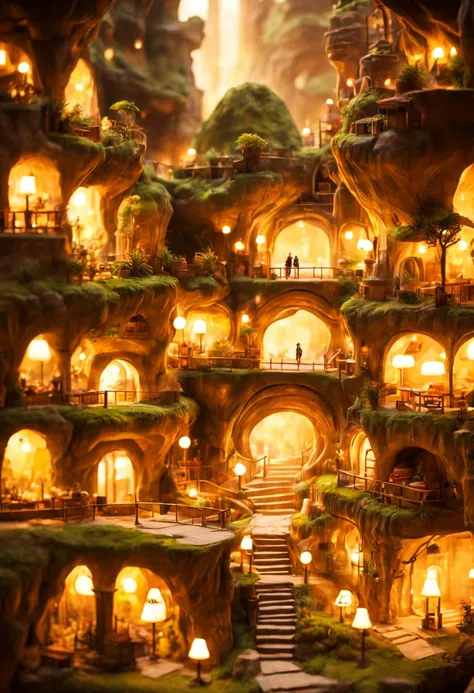 Underground cavern with a bustling miniature city inside with cozy lights and warm friendly feeling