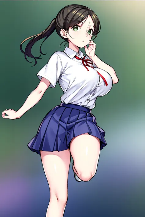 akane yoshizawa, black hair, ponytail, (green eyes:1.5), swept bangs, 
break
long hair, girl in school uniform, standing on one ...