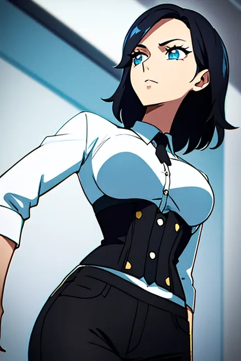 woman, short chopped black hair, cyan eyes, irises in shape of star, white shirt, black corset, black pants