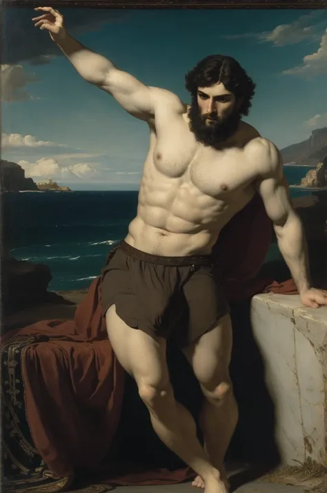 oil painting, masterpiece, full body, full body, oil Painting, oil painting of a Roman Gladiator, masculine appeal, handsome, by Alexandre Cabanel, by Daniel Gerhartz, pre-Raphaelite movement, neoclassical style, Aegean sea landscape background, beautiful ...