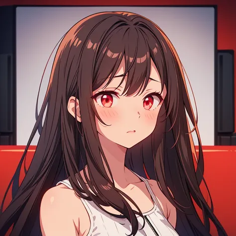 beautiful, DARK BROWN LONG HAIR, WHITE TANKTOP, BLACK ROCKER JACKET, ONE GIRL, looking into screen, zip lips, RED EYE, ANTAGONIST, shy, red face, Portrait, Blushing