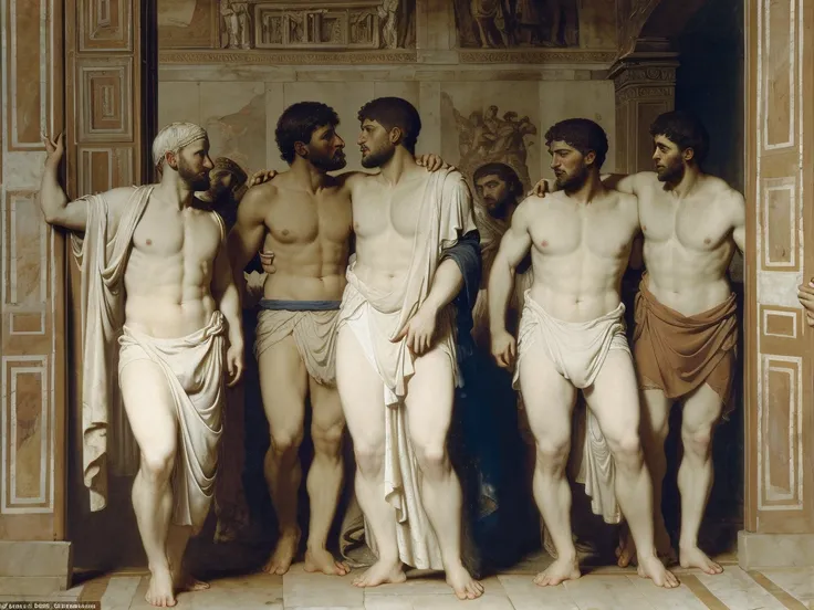 standing pose, oil painting, oil on canvas, ((five Roman Men kissing)), 5 males, 5men, 35 years, ((white briefs, bulge)), lovers, intimate, naked, ancient Rome, Epic, centered, perfect composition, canvas texture, Baroque style, Greek opulence, opulent bac...