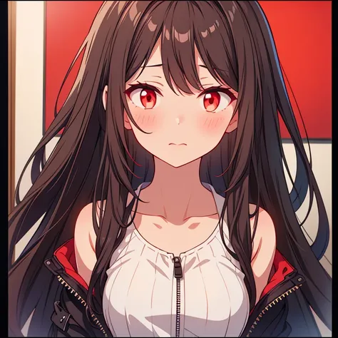 beautiful, DARK BROWN LONG HAIR, WHITE TANKTOP, BLACK ROCKER JACKET, ONE GIRL, looking into screen, zip lips, RED EYE, ANTAGONIST, shy, red face, Portrait, Blushing