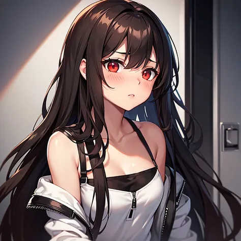 beautiful, Curly DARK BROWN LONG HAIR, WHITE TANKTOP, BLACK ROCKER JACKET, ONE GIRL, looking into screen, zip lips, RED EYE, ANTAGONIST, shy, red face, Portrait, Blushing