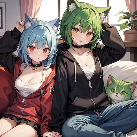 Green hair long、Cat ear、red eye、hoodie、Open the zipper a little and you can see the cleavage