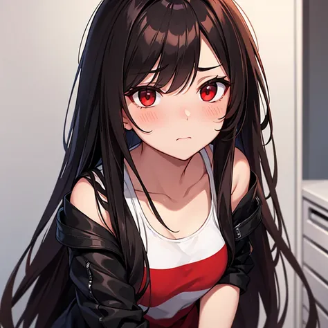 beautiful, DARK BROWN LONG HAIR, WHITE TANKTOP, BLACK ROCKER JACKET, RED EYE, ANTAGONIST, shy, red face, Portrait, Blushing