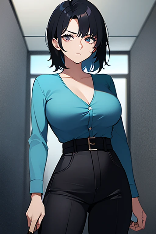 A woman with short chopped black hair and cyan eyes wearing blue shirt, black corset black pants holding katana