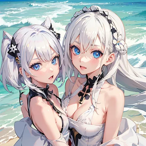 anime girl with white hair and blue eyes on the beach, splash art anime , detailed digital anime art, ahegao face, ahegao, kawaii realistic portrait, from the azur lane videogame, detailed portrait of anime girl, anime visual of a cute girl, detailed anime...