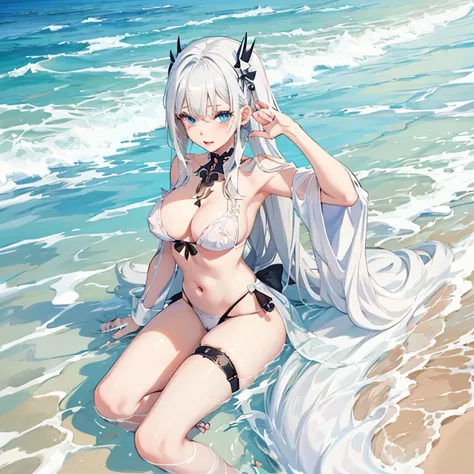 anime girl with white hair and blue eyes on the beach, splash art anime , detailed digital anime art, ahegao face, ahegao, kawaii realistic portrait, from the azur lane videogame, detailed portrait of anime girl, anime visual of a cute girl, detailed anime...