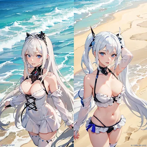 anime girl with white hair and blue eyes on the beach, splash art anime , detailed digital anime art, ahegao face, ahegao, kawaii realistic portrait, from the azur lane videogame, detailed portrait of anime girl, anime visual of a cute girl, detailed anime...