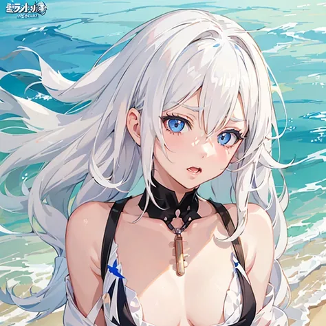 anime girl with white hair and blue eyes on the beach, splash art anime , detailed digital anime art, ahegao face, ahegao, kawaii realistic portrait, from the azur lane videogame, detailed portrait of anime girl, anime visual of a cute girl, detailed anime...