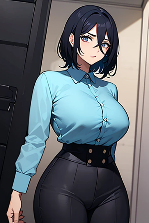 masterpiece, a confident woman with short chopped black hair and cyan eyes wearing blue shirt, black corset, black pants, on a s...