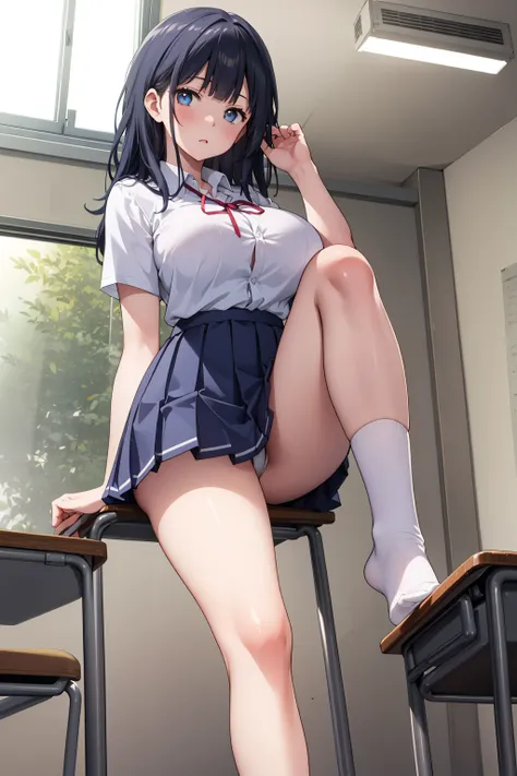 ,Kasumi, blue hair, long hair, blue eyes, blunt bangs, (Beautiful,Huge_Breasts:1.3)
BREAK
, FFA, from below, leg up, sole, feet, looking at viewer,
BREAK
,kyoushitsu, classroom, indoors, school chair, school desk, chalkboard, window, ceiling light, curtain...