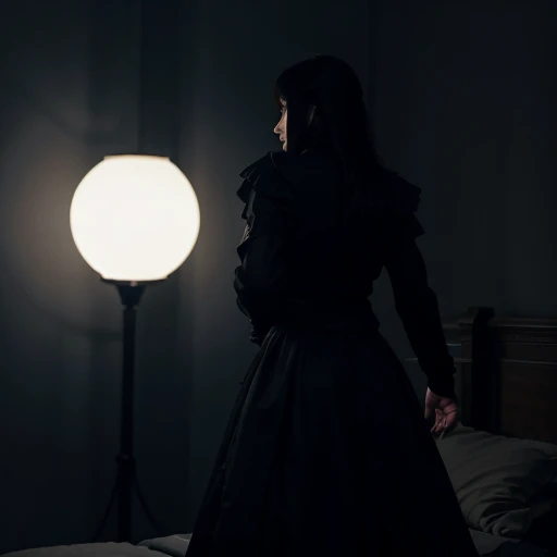 A fantasy king in pure black dress .scene from behind no arms in dark place . At night.