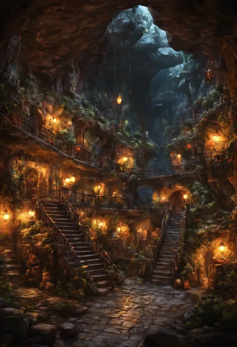 underground cavern,bustling miniature city,cozy lights,warm friendly feeling,illustration,(ultra-detailed:1.1),(realistic:1.1),professional,physically-based rendering,vivid colors,portraits,(dark ambient lighting:1.1)