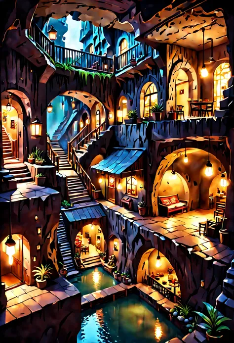 underground cavern,bustling miniature city,cozy lights,warm friendly feeling,illustration,(ultra-detailed:1.1),(realistic:1.1),professional,physically-based rendering,vivid colors,portraits,(dark ambient lighting:1.1)