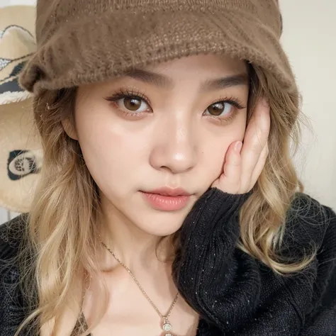 a closeup of a person wearing a hat and sweater, Kang Taehyun TXTusando una gargantilla y un lindo sombrero, shikami, Kang Taehyung, sakimichan, pale korean adorable face, muchacha coreana, facciones delicadas, mujer real, piel lisa y bonita