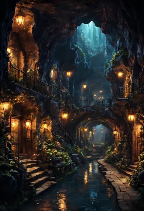 underground cavern,bustling miniature city,cozy lights,warm friendly feeling,illustration,(ultra-detailed:1.1),(realistic:1.1),professional,physically-based rendering,vivid colors,portraits,(dark ambient lighting:1.1)