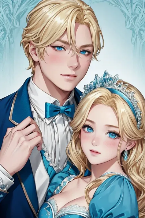 The Blushing Prince, Beautiful face, blonde hair, Menacing face, ogle, Cinderella is nearby (blonde, reddened, Wearing a cyan blue dress), Portrait of two people, Two people, high detail, Detailed eyes