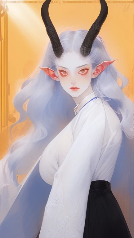 (masterpiece), (best quality), 1 girl, (albino demon girl:1.4), (Aesthetic minimalist makeup girl), (long straight black horns:1.3), alabaster skin, smirking, (sky-blue eyes), (long wavy hair), (orange-copper hair), (voluptuous), ((huge breasts)), wide hip...