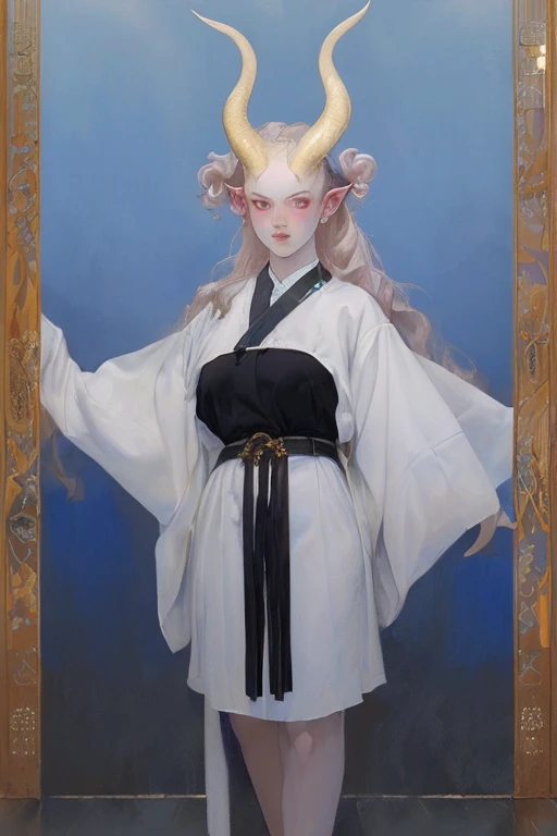 (masterpiece), (best quality), 1 girl, (albino demon girl:1.4), (Aesthetic minimalist makeup girl), (long straight black horns:1.3), alabaster skin, smirking, (sky-blue eyes), (long wavy hair), (orange-copper hair), (voluptuous), ((huge breasts)), wide hip...