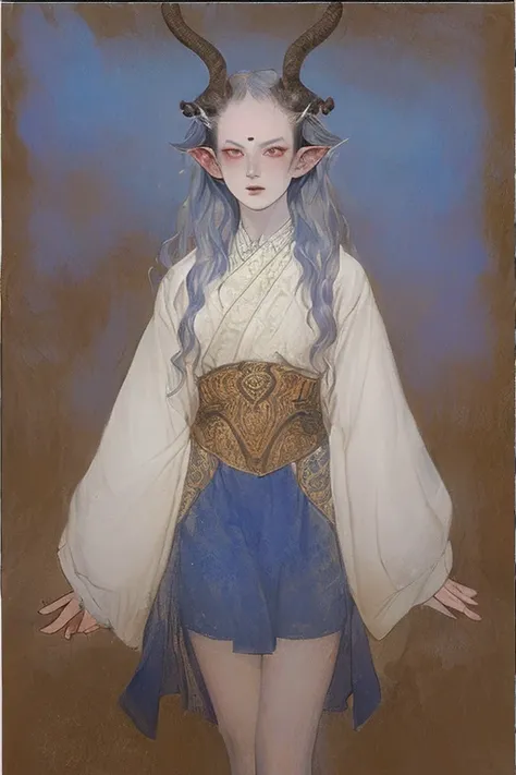 (masterpiece), (best quality), 1 girl, (albino demon girl:1.4), (Aesthetic minimalist makeup girl), (long straight black horns:1.3), alabaster skin, smirking, (sky-blue eyes), (long wavy hair), (orange-copper hair), (voluptuous), ((huge breasts)), wide hip...