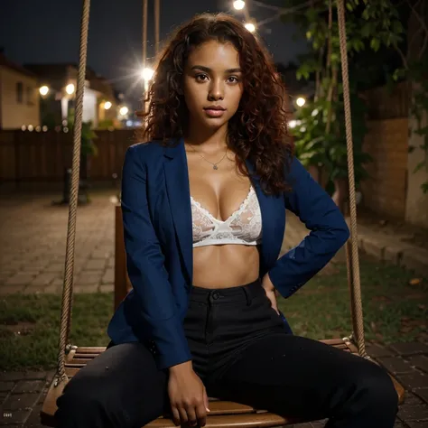 Brazilian brown skin woman  curly red hair  mid 20s girl, fit, staring at the viewer, realistic wearing a  blue blazer  and black pants somewhere in Eastern Europe, glowing , intense, solodramatic lightinasterpiece:1.2), best quality, high resolution, beau...