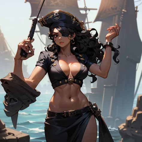 (((I want a solo pirate woman with brown skin, sculptural body with medium breasts, detailed black wavy hair, serene black eyes, wearing an eye patch on her right eye, wearing nice clothes)))